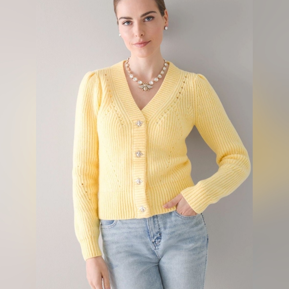 Yellow V-Neck Button Cardigan Sweater - Picture 2 of 16